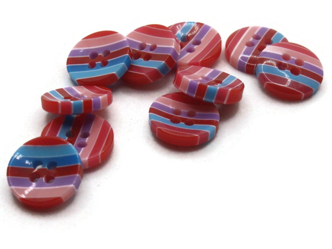 10 13mm Red Pink Blue and Purple Striped Resin Flat Round Plastic Four Hole Buttons